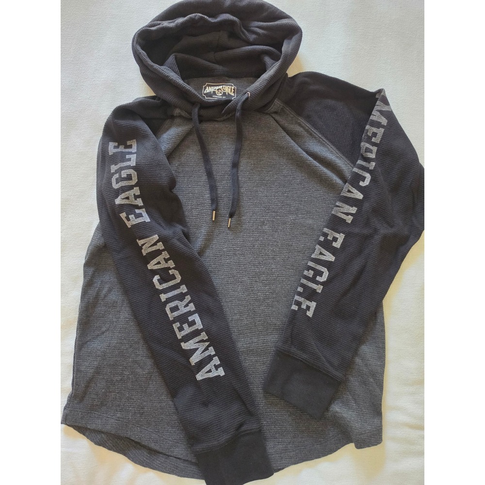 American Eagle Mens Thermal Waffle Knit Hoodie Grey Raglan Sleeve Logo Size M